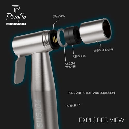 Pixaflo Stainless Steel Health Faucet Set for Bathroom | Heavy Duty Jet Spray with 1.5 Meter Flexible Hose & Wall Hook | Leak Resistant Toilet Spray Gun | Brushed Steel Finish - Image 3