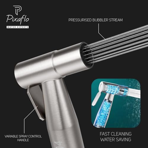 Pixaflo Stainless Steel Health Faucet Set for Bathroom | Heavy Duty Jet Spray with 1.5 Meter Flexible Hose & Wall Hook | Leak Resistant Toilet Spray Gun | Brushed Steel Finish - Image 2