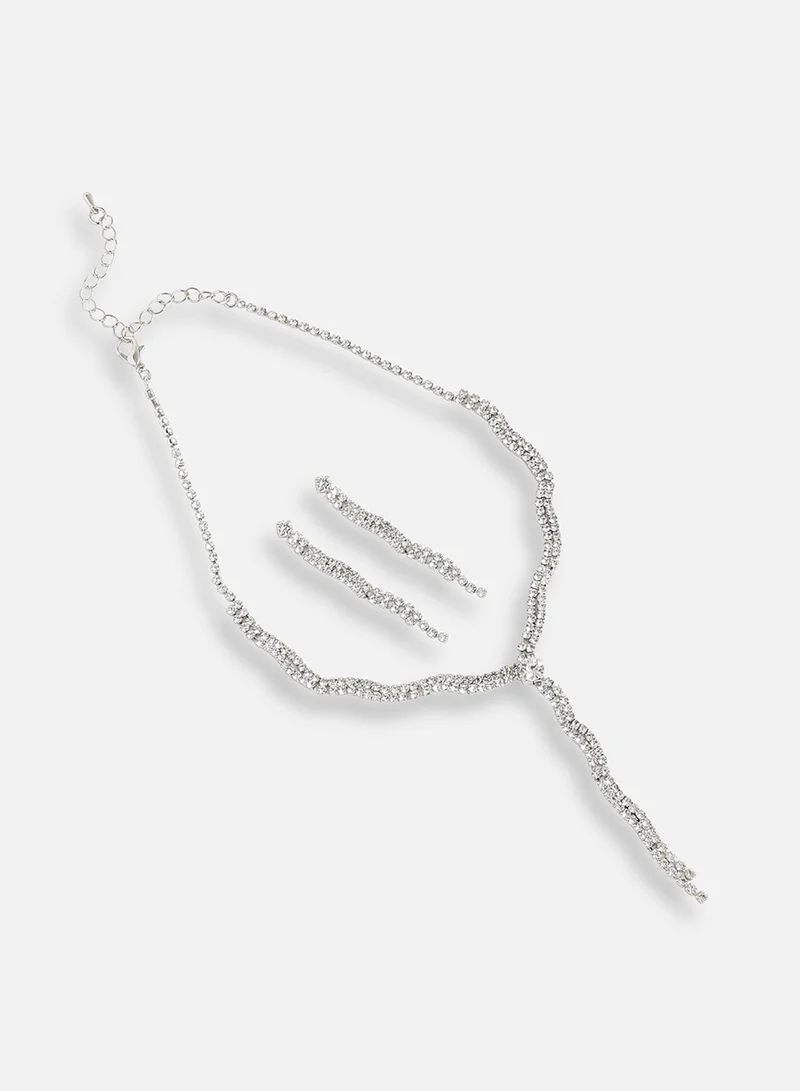 سوهي طقم قلادة وأقراط للحفلات من الحجر المطلي بالفضة