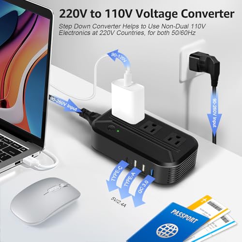 AceChef Voltage Converter 2300W Power Step Down 220V to 110V Universal Travel Adapter Power Converter Power Transformer w/ 3 AC Outlets 3 USB Ports 1 Type-C Charging for EU/UK/AU/US/IT/India/South Africa - Image 2