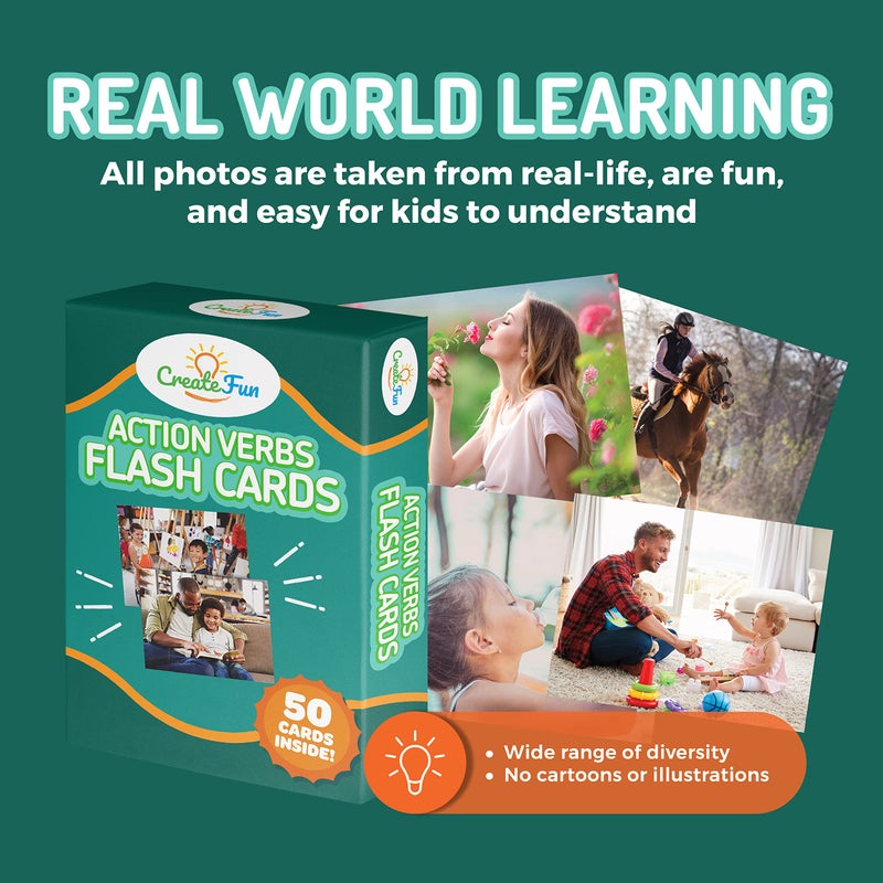 CreateFun 50 Action Verbs Flash Cards - Vocabulary Builder for Speech Therapy, ESL & Homeschooling | Realistic Diverse Pictures for Kids & Adults with Autism, Dementia, Aphasia, SLP | Educational Learning Cards - Image 5