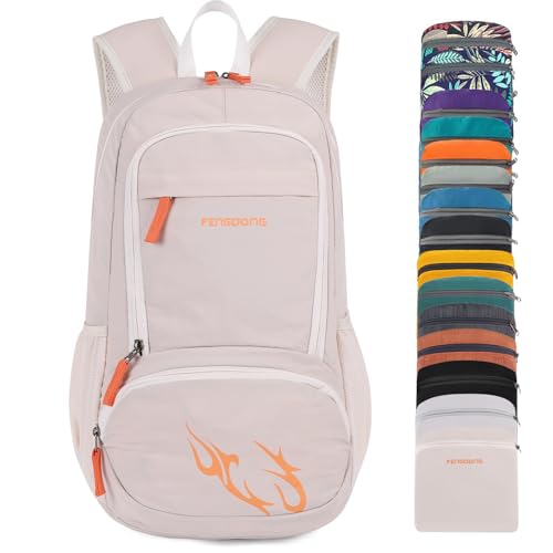 FENGDONG 35L Lightweight Foldable Waterproof Packable Travel Small Hiking Backpack Daypack for men women Beige Orange - Image 1
