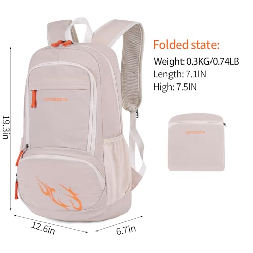 FENGDONG 35L Lightweight Foldable Waterproof Packable Travel Small Hiking Backpack Daypack for men women Beige Orange - Image 3