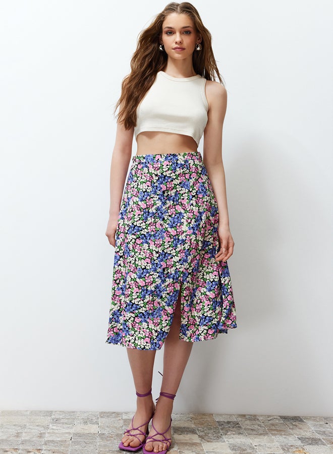 trendyol Light Blue Slit Detail Viscose Fabric Floral Patterned Midi Woven Skirt  - Image 1
