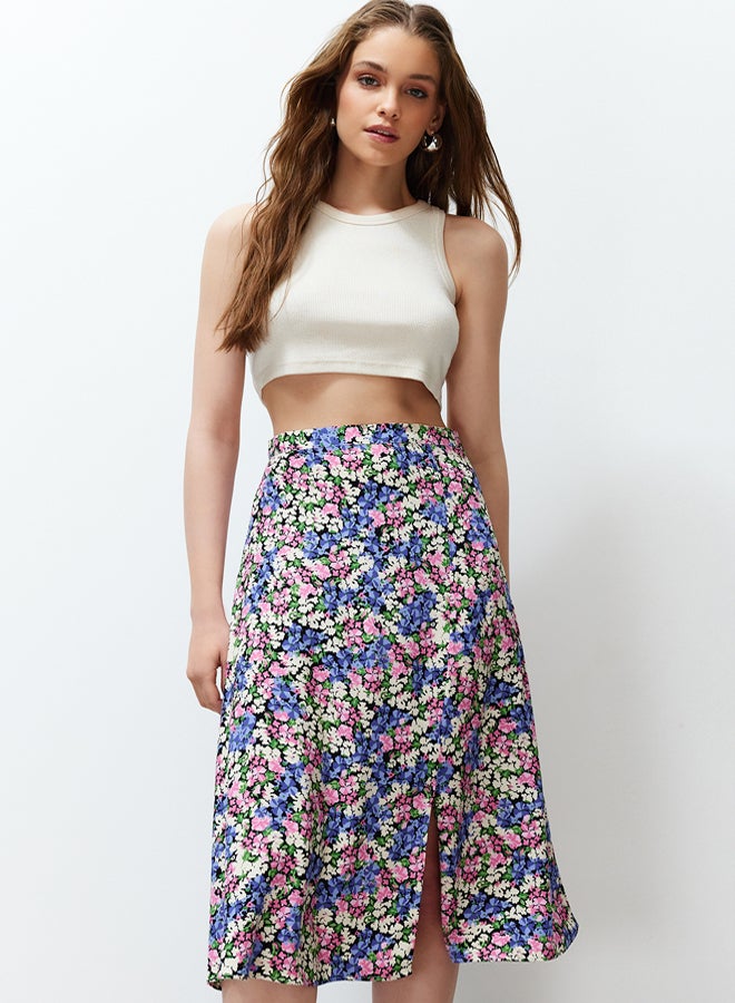trendyol Light Blue Slit Detail Viscose Fabric Floral Patterned Midi Woven Skirt  - Image 2