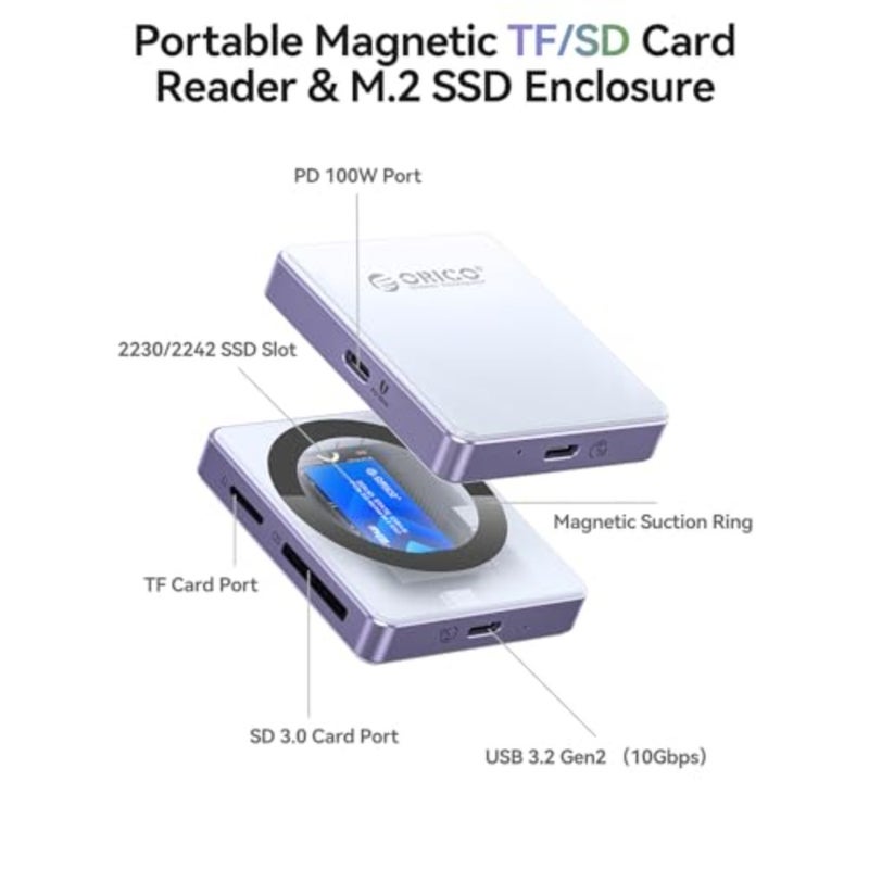 غلاف مغناطيسي M.2 2230/2242 NVMe SSD لتسجيل iPhone 4K ProRes: ألومنيوم، أسود، التوصيل والتشغيل مع قارئ SD/TF 3.0 وشحن PD100W - Image 2