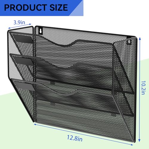GDINDINFAN 3 Pockets Mesh Hanging Wall File Holder Organizer Wall Mounted Paper Magazine Rack, Black - Image 3