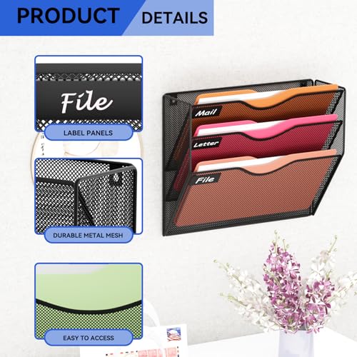 GDINDINFAN 3 Pockets Mesh Hanging Wall File Holder Organizer Wall Mounted Paper Magazine Rack, Black - Image 4