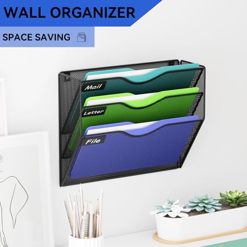 GDINDINFAN 3 Pockets Mesh Hanging Wall File Holder Organizer Wall Mounted Paper Magazine Rack, Black - Image 2