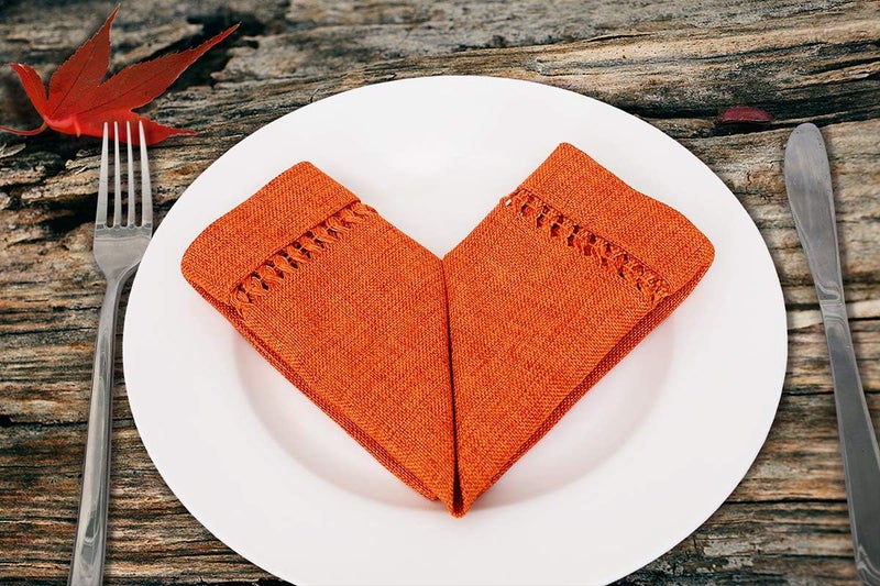 Grelucgo Set of 4 Handcrafted Solid Orange Color Thanksgiving Dinner Napkins DoubleHemstitched Square 12 x 12 Inches - Image 3