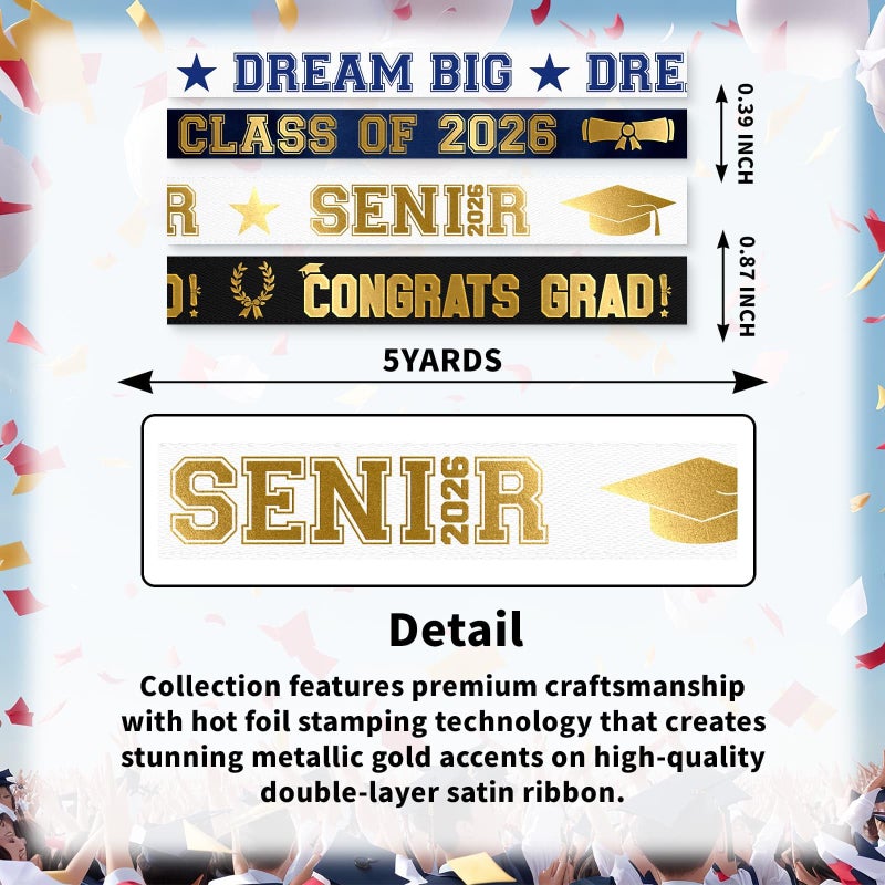 YKW Class of 2026 Graduation Satin Ribbon 4 Pack, Gold Foil Royal Blue Satin Ribbons (7/8" & 3/8" x 5 Yards Each) Senior 2026 Grad Party Decorations, Gift Wrapping & Ceremony Supplies - Image 2