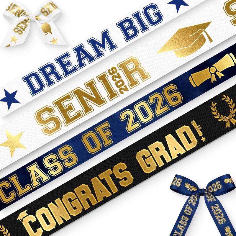 YKW Class of 2026 Graduation Satin Ribbon 4 Pack, Gold Foil Royal Blue Satin Ribbons (7/8" & 3/8" x 5 Yards Each) Senior 2026 Grad Party Decorations, Gift Wrapping & Ceremony Supplies - Image 1