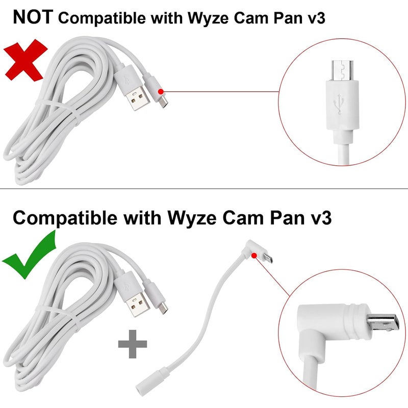 يو او جي دبليو عبوة من 3 أكواب من كابلات التمديد Micro-USB بزاوية 90 درجة، متوافقة مع كاميرات Wyze Cam Pan v3 وWyze Cam v3 Pro، كابل تمديد من نوع ذكر إلى أنثى بطول 5 بوصات، بشكل عريض ومسطح (لون أبيض). - Image 3