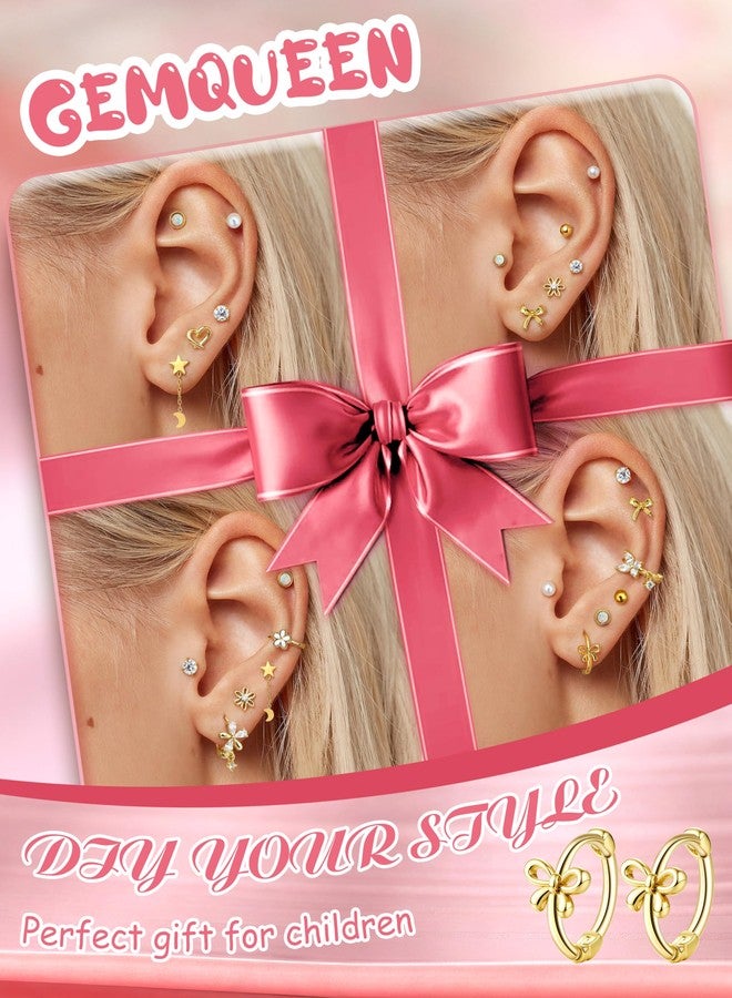 GEMQUEEN 12 Pairs Hypoallergenic Stainless Steel Earrings Set Women : 14K Gold Plated Screw Back Studs for Sensitive Ears Cute Earring Stack Huggie Hoops CZ Heart Flower Ball, Cubic Zirconia, Cubic - Image 3