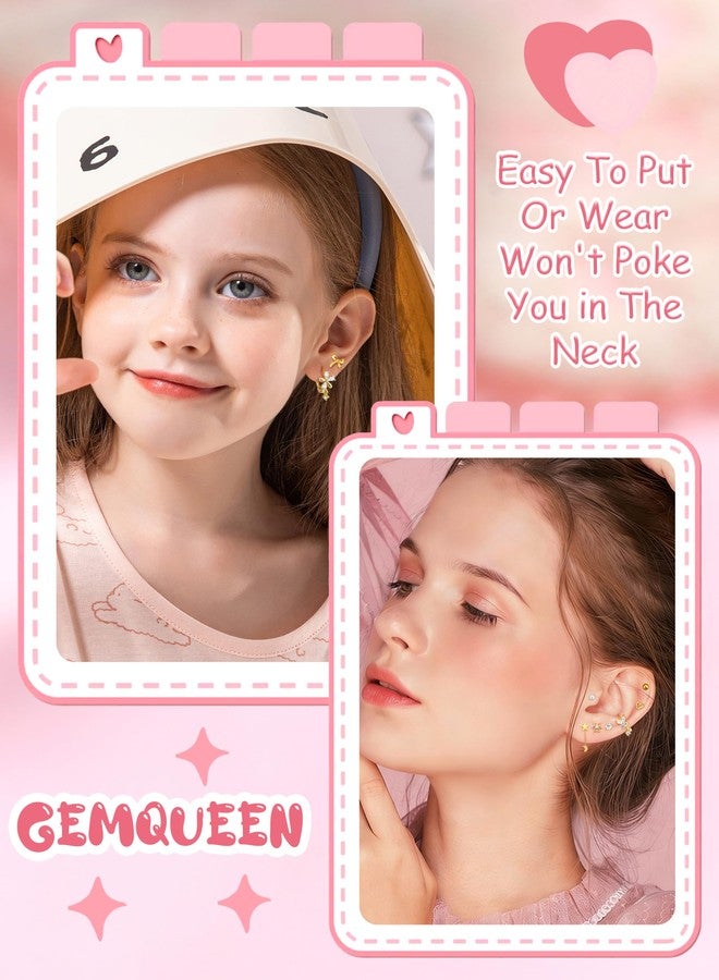 GEMQUEEN 12 Pairs Hypoallergenic Stainless Steel Earrings Set Women : 14K Gold Plated Screw Back Studs for Sensitive Ears Cute Earring Stack Huggie Hoops CZ Heart Flower Ball, Cubic Zirconia, Cubic - Image 4