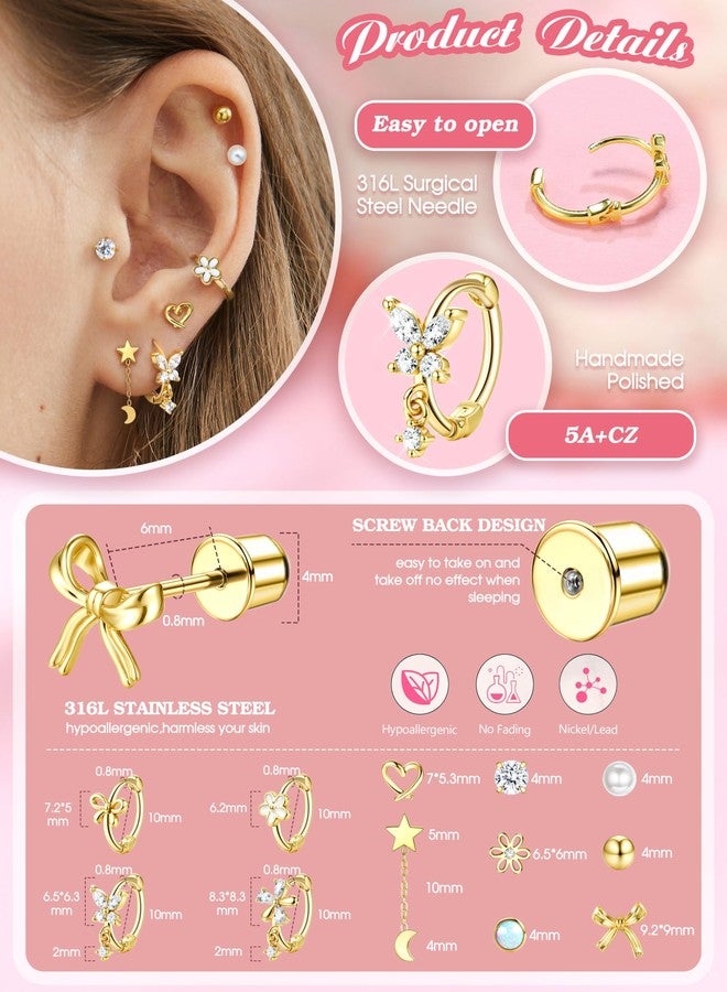 GEMQUEEN 12 Pairs Hypoallergenic Stainless Steel Earrings Set Women : 14K Gold Plated Screw Back Studs for Sensitive Ears Cute Earring Stack Huggie Hoops CZ Heart Flower Ball, Cubic Zirconia, Cubic - Image 2