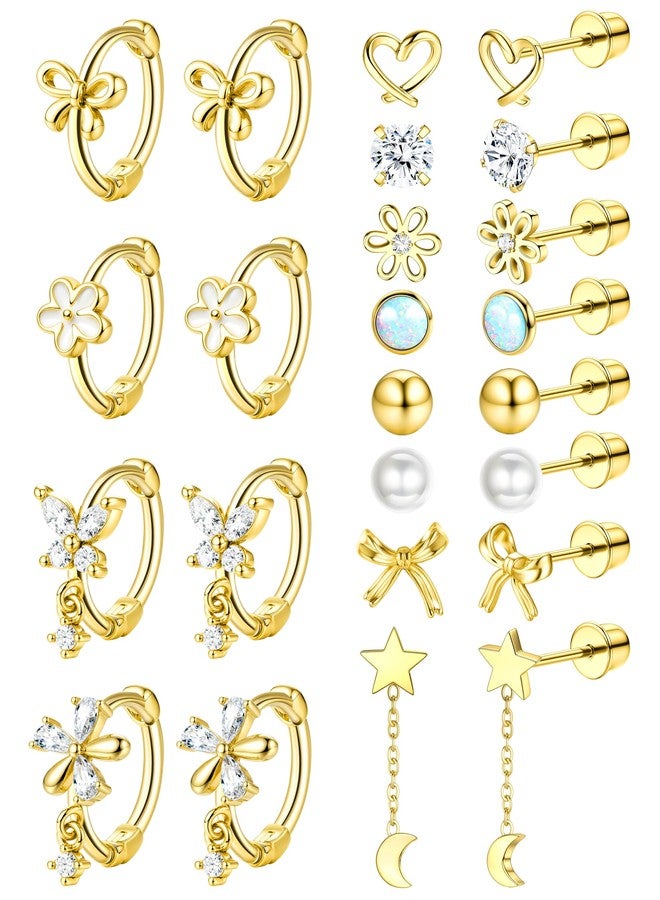GEMQUEEN 12 Pairs Hypoallergenic Stainless Steel Earrings Set Women : 14K Gold Plated Screw Back Studs for Sensitive Ears Cute Earring Stack Huggie Hoops CZ Heart Flower Ball, Cubic Zirconia, Cubic - Image 1