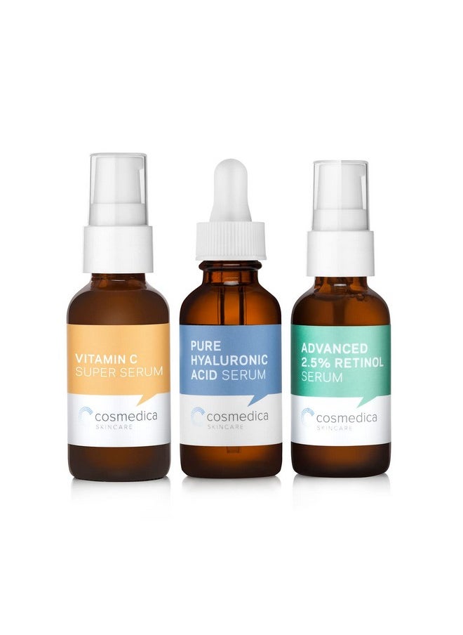 Cosmedica Skincare - Facial Serum Trio Set Value For Clear Skin Vitamin C Super Serum 2.5% Retinol Serum Pure Hyaluronic Acid Serum Vegan Crueltyfree Skincare - Image 1