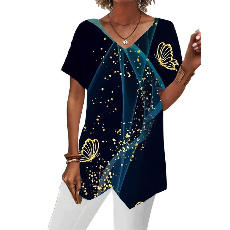 2023 Summer New European and American Cross-border Women's Wear TEMU Independent Station Geometric Printed Loose Irregular Short-sleeved T-shirt - Image 1