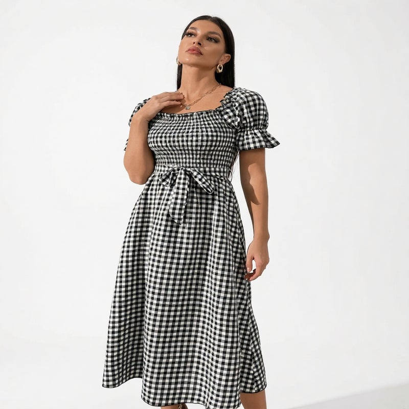 Women's Square Neck Gingham Print Ruffle Short Sleeve Belted Midi Dress - Image 2