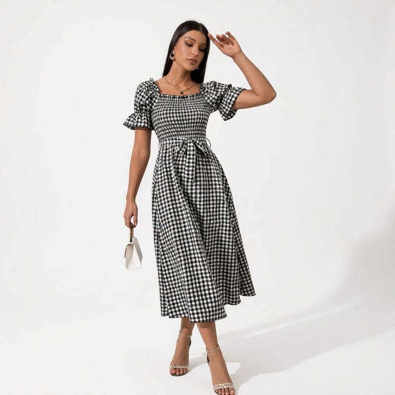 Women's Square Neck Gingham Print Ruffle Short Sleeve Belted Midi Dress - Image 1