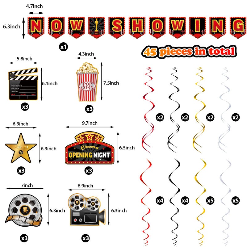 Sumind 45 Pieces Movie Night Decorations Party Decorations Kit Now Showing Banner Hanging Swirls Movie Theater Themed for Bridal Shower Birthday Party Supplies Film Backdrop - Image 2