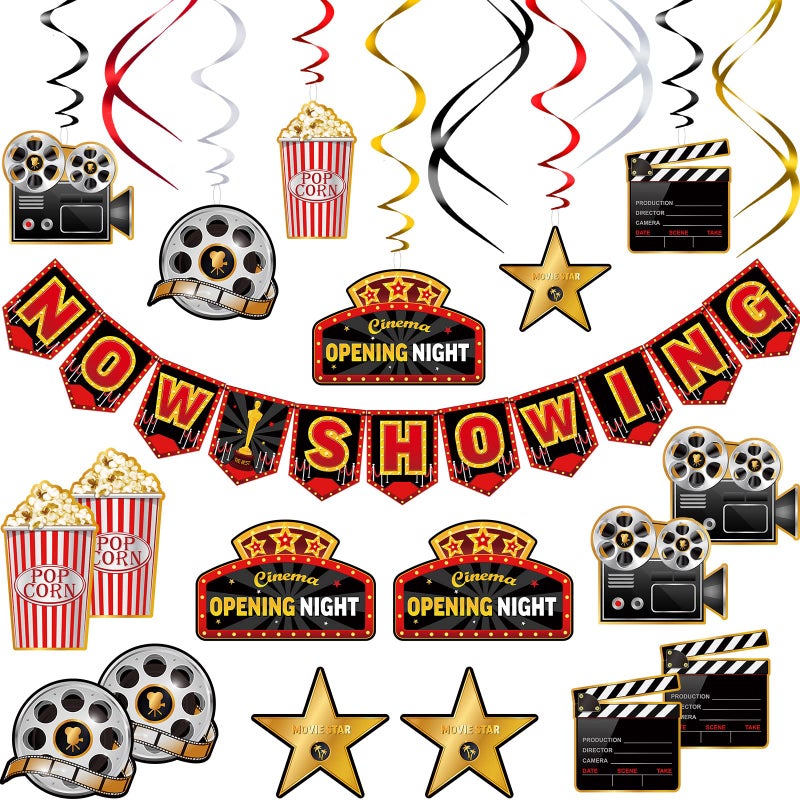Sumind 45 Pieces Movie Night Decorations Party Decorations Kit Now Showing Banner Hanging Swirls Movie Theater Themed for Bridal Shower Birthday Party Supplies Film Backdrop - Image 1