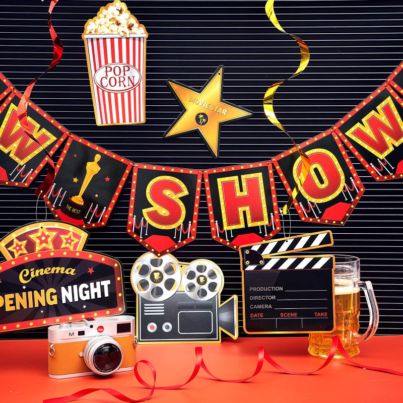 Sumind 45 Pieces Movie Night Decorations Party Decorations Kit Now Showing Banner Hanging Swirls Movie Theater Themed for Bridal Shower Birthday Party Supplies Film Backdrop - Image 4