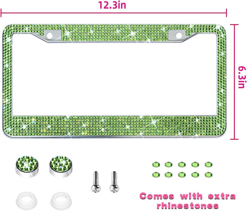 OKLPF Bling License Plate Frame for Women, Sparkly Stainless Steel License Plate Frames| Over 1200 pcs 14 Facets Bedazzled Clear Glass Diamond Rhinestone Crystals w/Free Glitter Diamond (Olive Green) Light sturdy raw material - Image 2