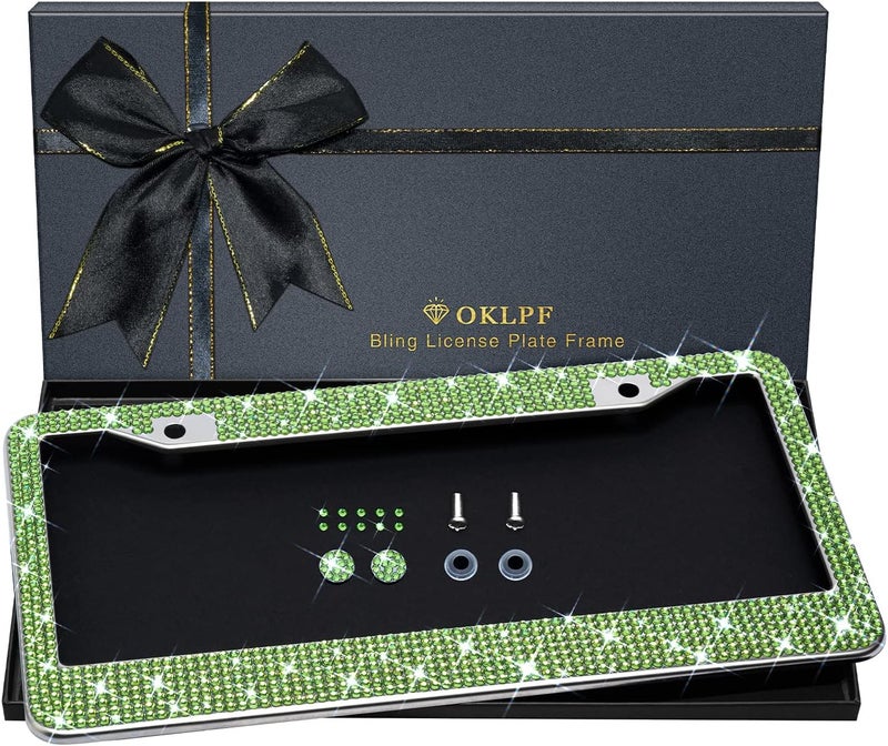 OKLPF Bling License Plate Frame for Women, Sparkly Stainless Steel License Plate Frames| Over 1200 pcs 14 Facets Bedazzled Clear Glass Diamond Rhinestone Crystals w/Free Glitter Diamond (Olive Green) Light sturdy raw material - Image 1