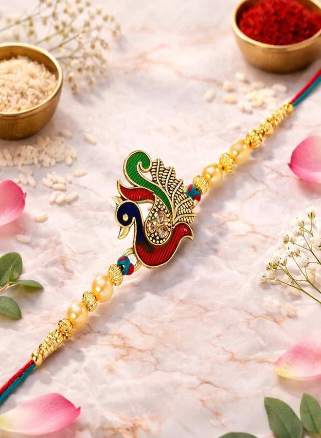 Riddhika Ventures Meenakari Peacock Rakhi – A Bond of Love & Protection with Roli Chawal and Greeting Card (P7) - Image 2