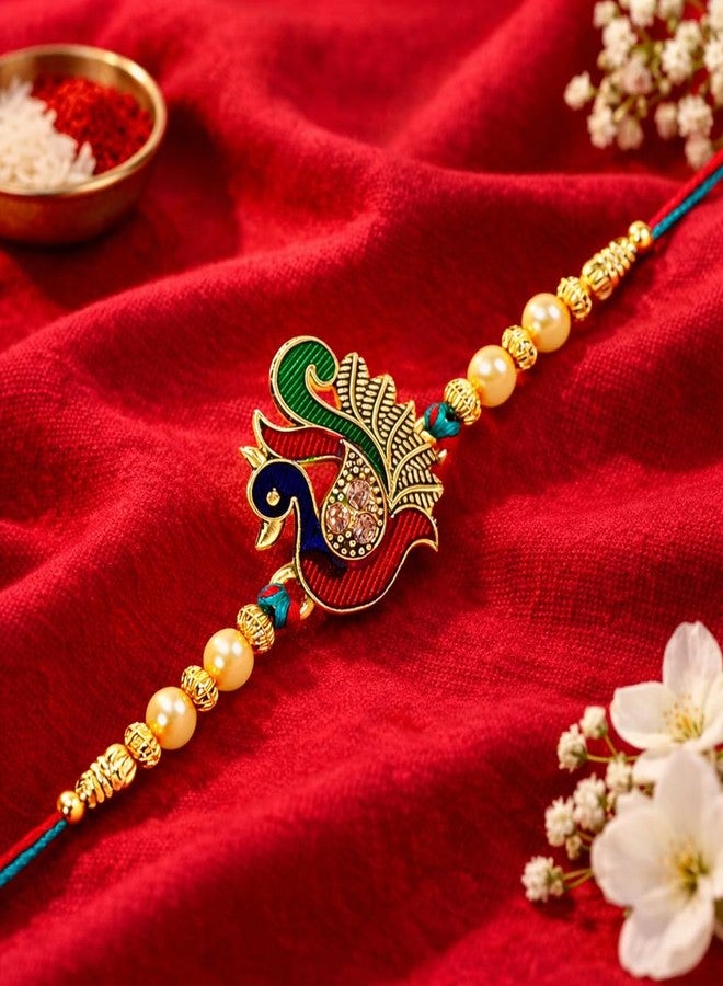 Riddhika Ventures Meenakari Peacock Rakhi – A Bond of Love & Protection with Roli Chawal and Greeting Card (P7) - Image 3