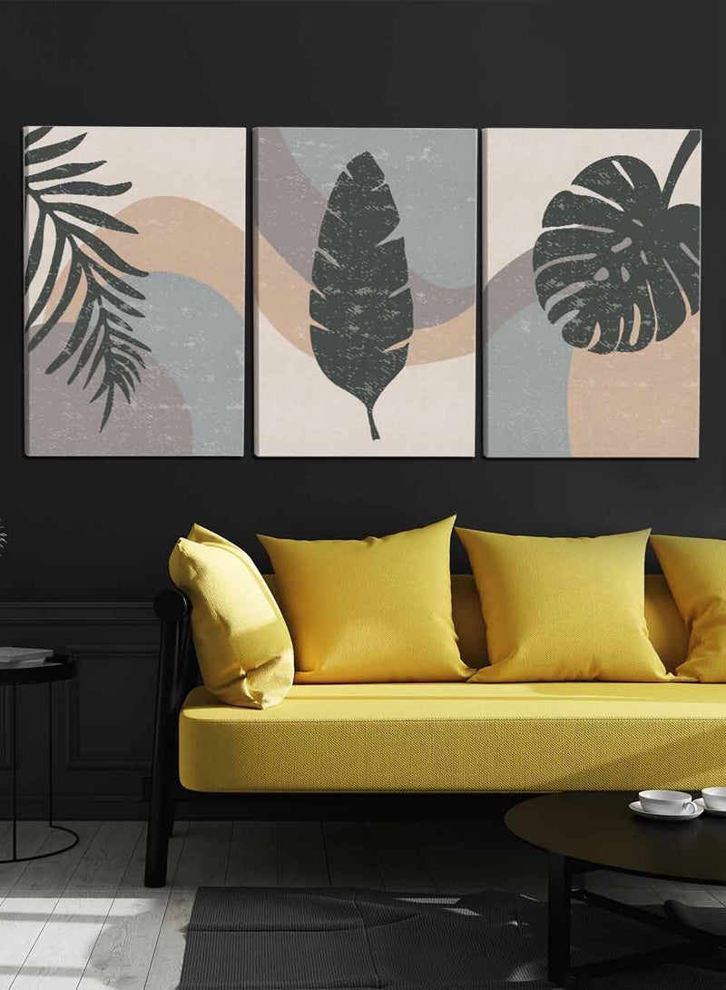 LOWHA Set Of 3 Framed Canvas Wall Arts Stretched Over Wooden Frame, Abstract Leaves Flowers Paintings, For Home, Living Room, Office Decor - Image 2