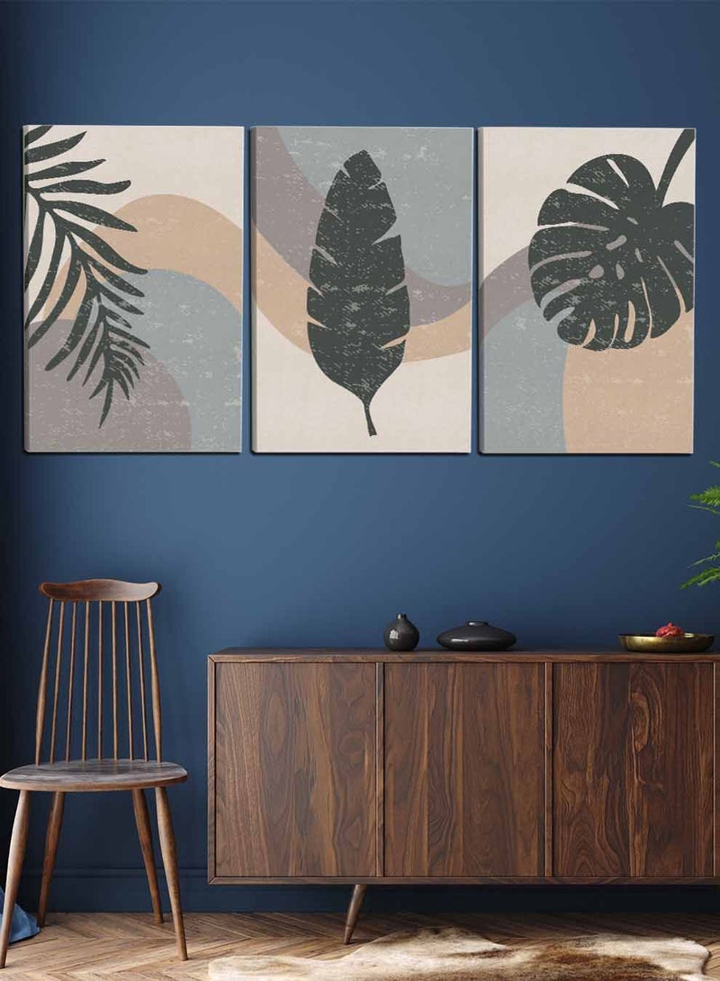 LOWHA Set Of 3 Framed Canvas Wall Arts Stretched Over Wooden Frame, Abstract Leaves Flowers Paintings, For Home, Living Room, Office Decor - Image 3
