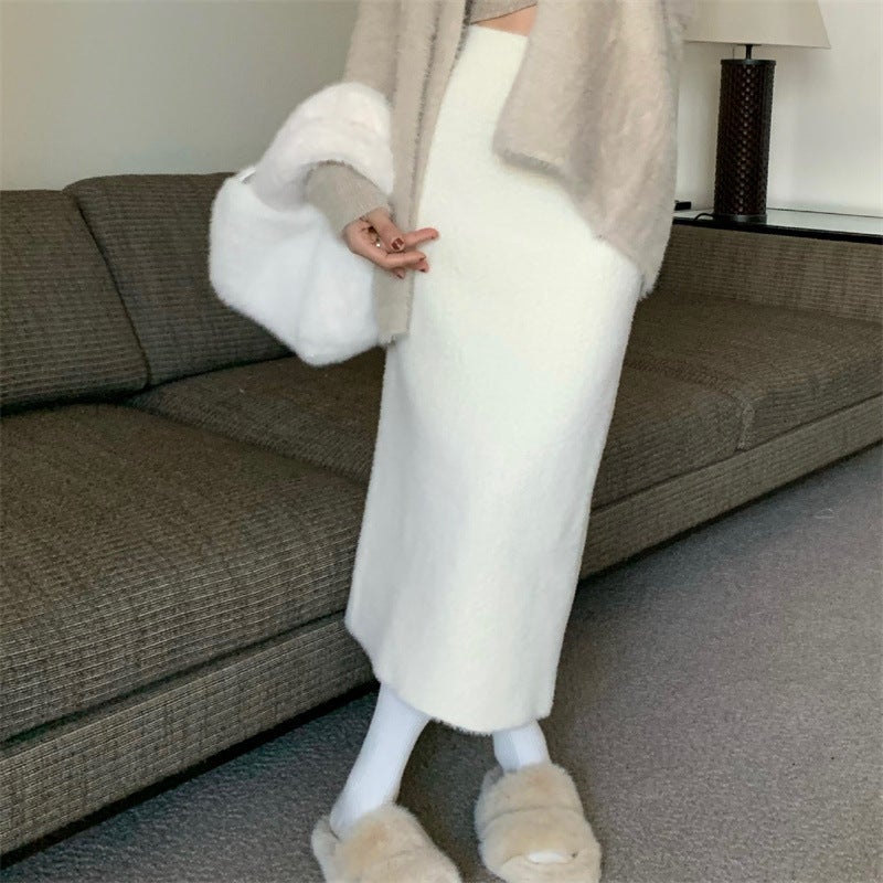 Faux Mink Fur Knitted Skirt Women 2024 Autumn New Midi Sweater Warm Loose Black - Image 5