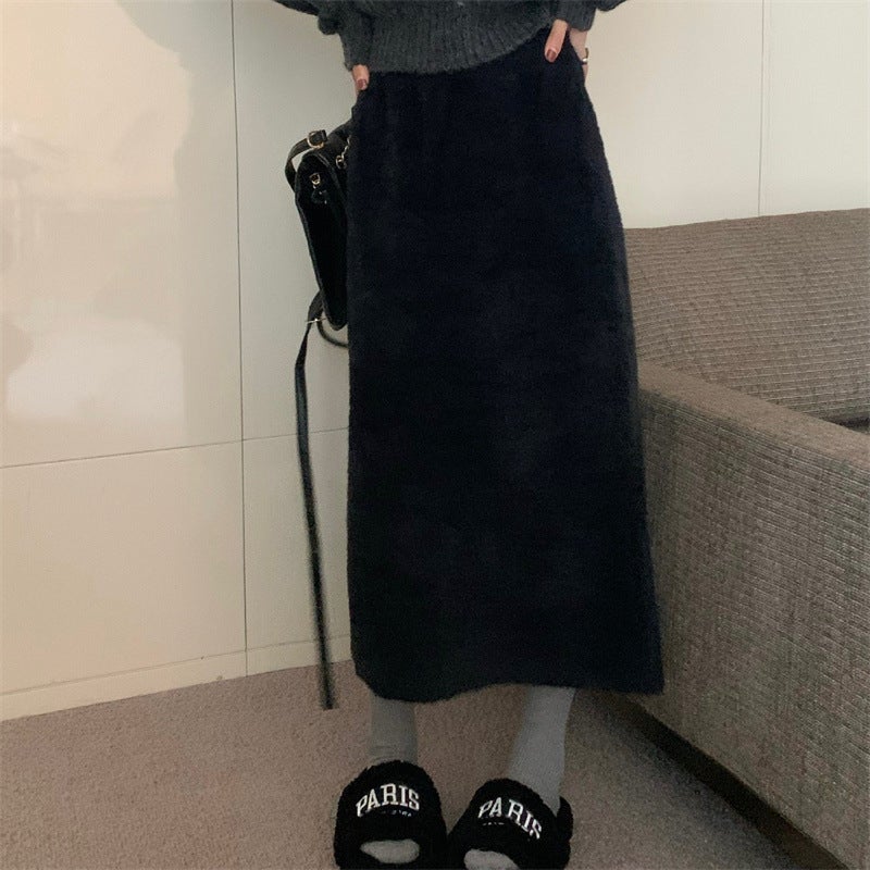 Faux Mink Fur Knitted Skirt Women 2024 Autumn New Midi Sweater Warm Loose Black - Image 1