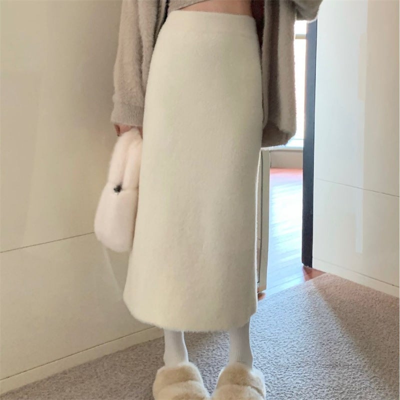 Faux Mink Fur Knitted Skirt Women 2024 Autumn New Midi Sweater Warm Loose Black - Image 2