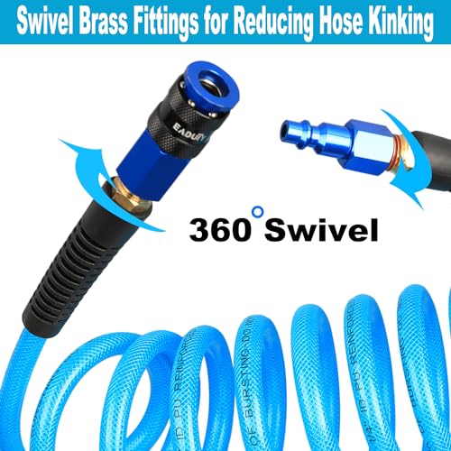 EADUTY Heavy Duty Reinforced Polyurethane Recoil Air Hose 1/4 in x 10 ft, Lightweight, Flexible Compressor Hose with Universal Quick Coupler, Plug and Bend Restrictors, Blue - Image 4