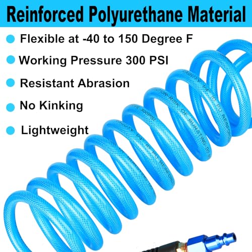 EADUTY Heavy Duty Reinforced Polyurethane Recoil Air Hose 1/4 in x 10 ft, Lightweight, Flexible Compressor Hose with Universal Quick Coupler, Plug and Bend Restrictors, Blue - Image 2
