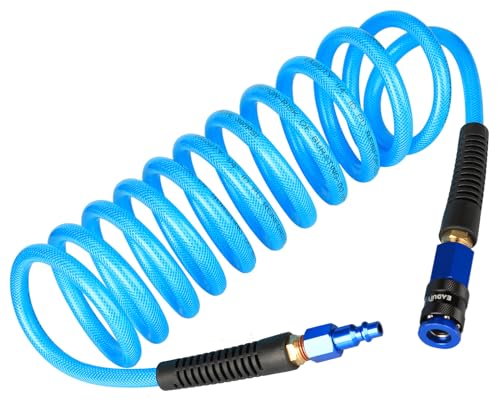 EADUTY Heavy Duty Reinforced Polyurethane Recoil Air Hose 1/4 in x 10 ft, Lightweight, Flexible Compressor Hose with Universal Quick Coupler, Plug and Bend Restrictors, Blue - Image 1