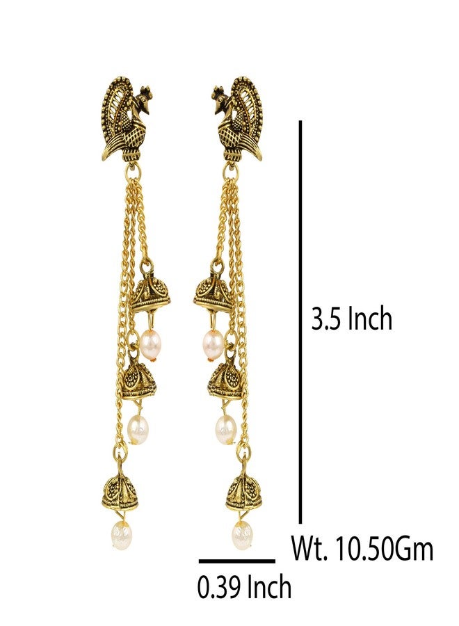 Morir Oxidized Gold Peacock Design Jhumka With White Pearl Beaded Long Chain Tassel Hangers Earrings for Women/Girls - Image 2