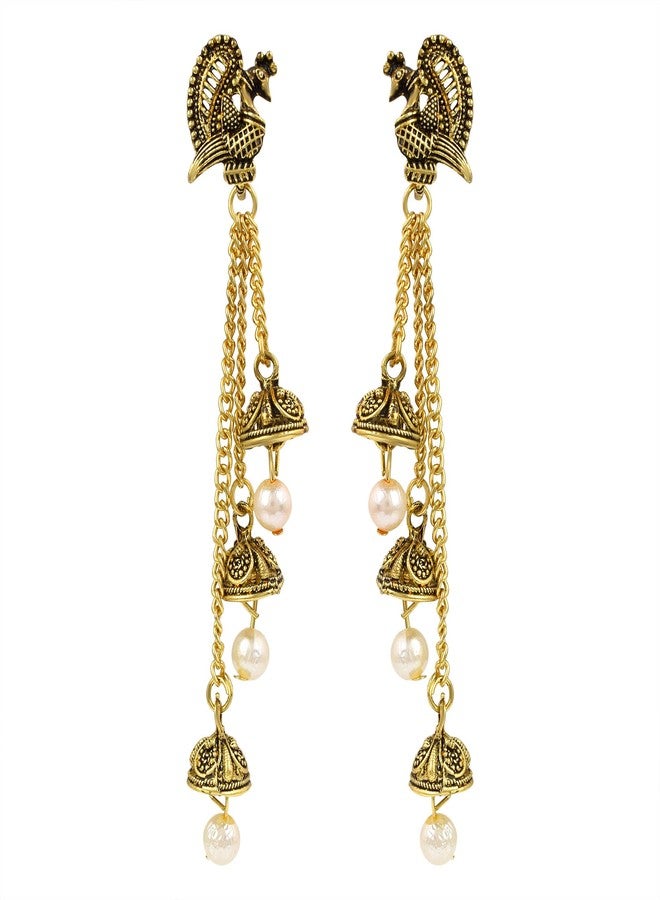 Morir Oxidized Gold Peacock Design Jhumka With White Pearl Beaded Long Chain Tassel Hangers Earrings for Women/Girls - Image 1