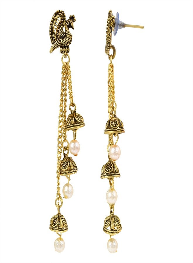 Morir Oxidized Gold Peacock Design Jhumka With White Pearl Beaded Long Chain Tassel Hangers Earrings for Women/Girls - Image 3