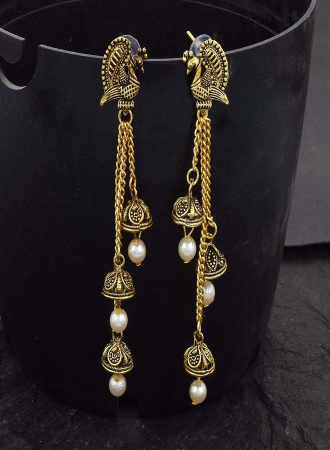 Morir Oxidized Gold Peacock Design Jhumka With White Pearl Beaded Long Chain Tassel Hangers Earrings for Women/Girls - Image 4