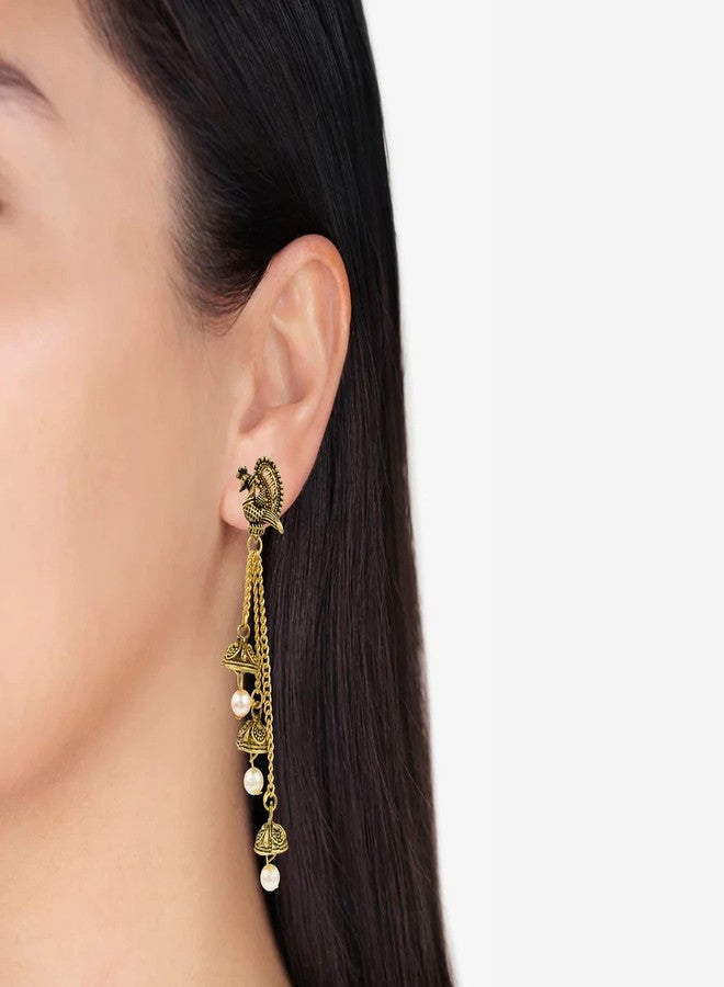 Morir Oxidized Gold Peacock Design Jhumka With White Pearl Beaded Long Chain Tassel Hangers Earrings for Women/Girls - Image 5
