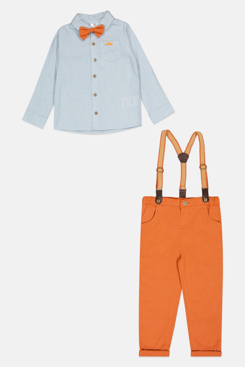 Little Gent Toddlers Boy 4 Pieces Solid Pants, Shirt, Bow Tie And Detachable Suspender Belts, Blue - Image 1