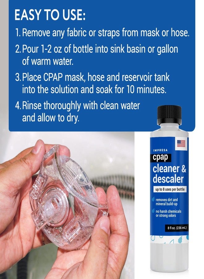IMPRESA محلول تنظيف IMPRESA CPAP لجميع آلات وأكسسوارات CPAP - عبوتان سعة 8 أونصات سائلة - مزيل ترسبات حمض الستريك وخالي من الرواسب - Image 4