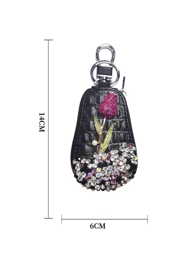 Car Key case holder, Key fob protector, Leather Car smart Key Chain holder, Keyring Zipper Bag, Key fob cover case with Rhinestones and Rose - Image 4