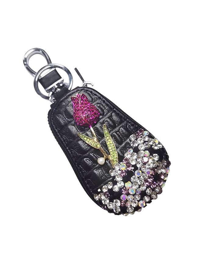 Car Key case holder, Key fob protector, Leather Car smart Key Chain holder, Keyring Zipper Bag, Key fob cover case with Rhinestones and Rose - Image 1