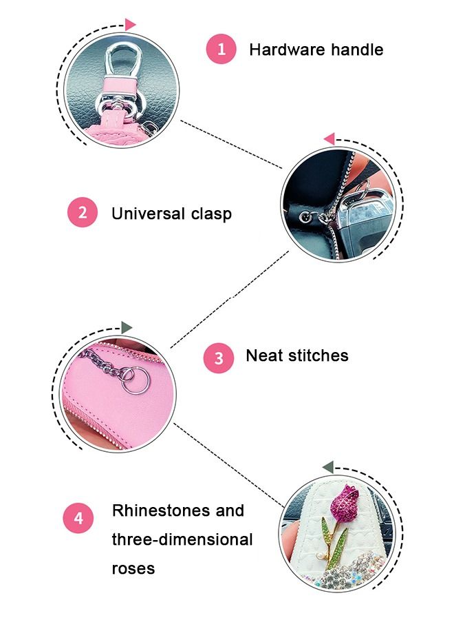 Car Key case holder, Key fob protector, Leather Car smart Key Chain holder, Keyring Zipper Bag, Key fob cover case with Rhinestones and Rose - Image 5